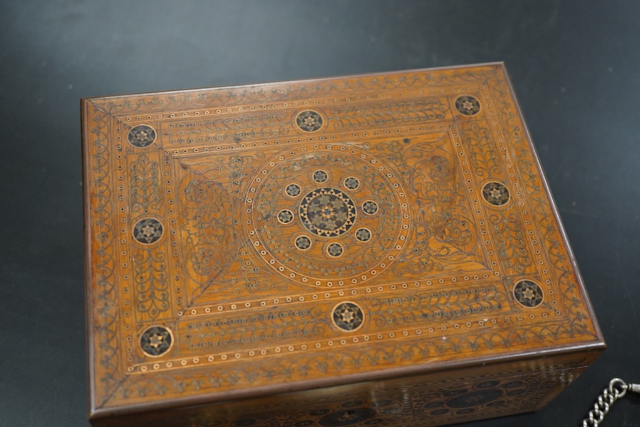 A late 19th century inlaid box containing a gentleman’s silver chronograph pocket watch, the dial numbered 41716, hallmarked for Chester 1878, a ladies Continental 935 grade silver pocket watch with enamel dial and a sil